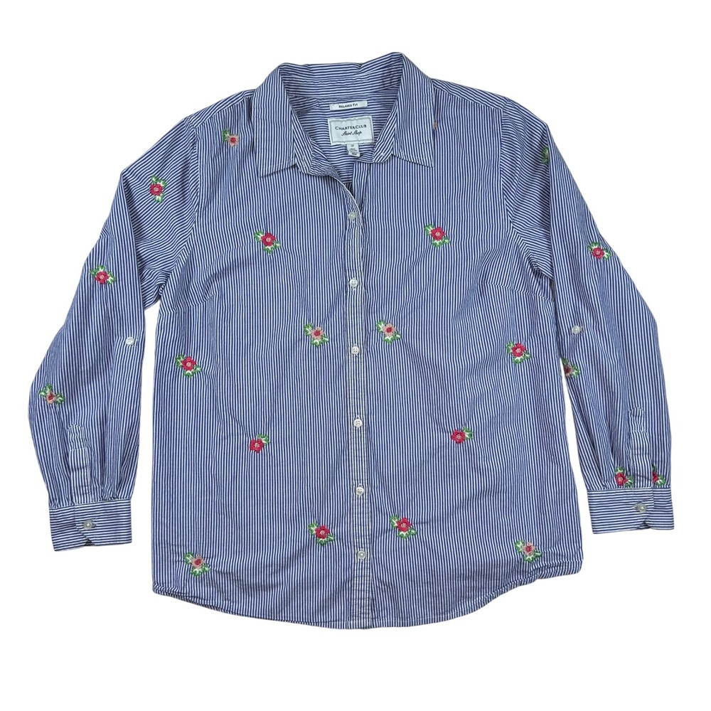 Charter Club Blue Stripe Embroidered Floral Button Down Relaxed Fit Women 12‎